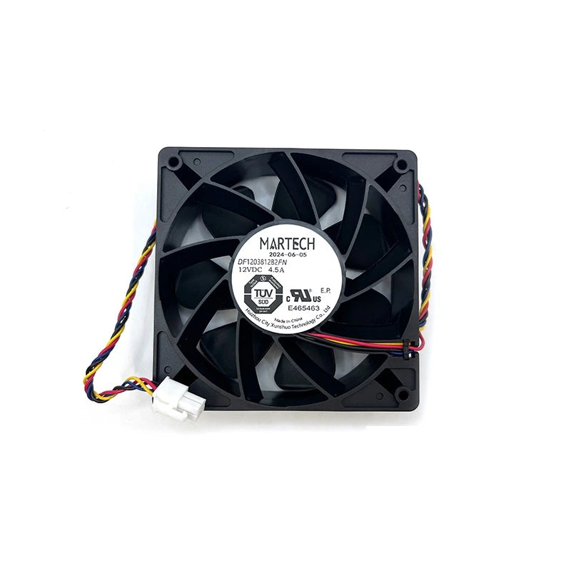 Close-up of MARTECH 12V 4.5A 7000RPM cooling fan for Antminer L9, S19kPro, S21, and KS5Pro